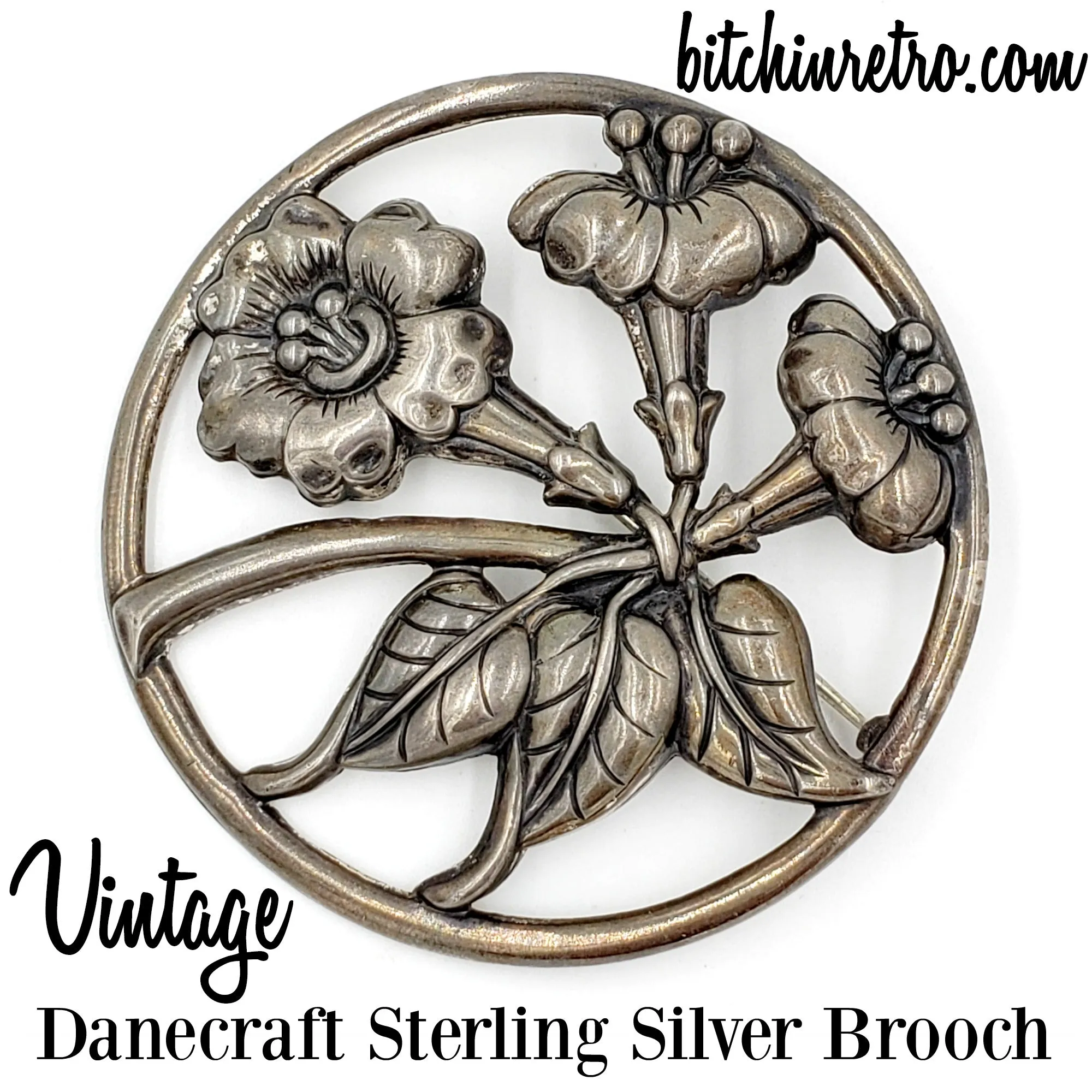 Danecraft Vintage Sterling Silver Repousse Floral Brooch
