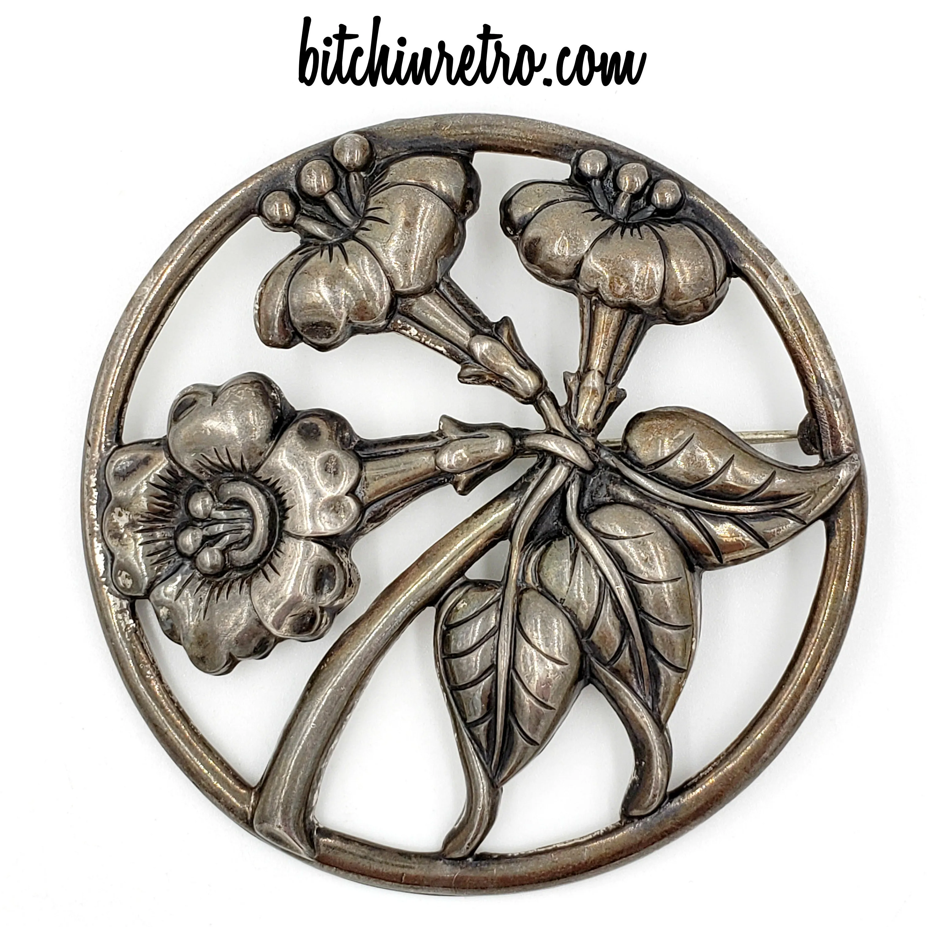 Danecraft Vintage Sterling Silver Repousse Floral Brooch