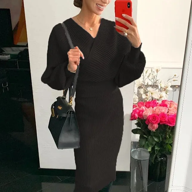 Deep V-neck Elegant Sweater and Bodycon Midi Dresses Two-piece Set