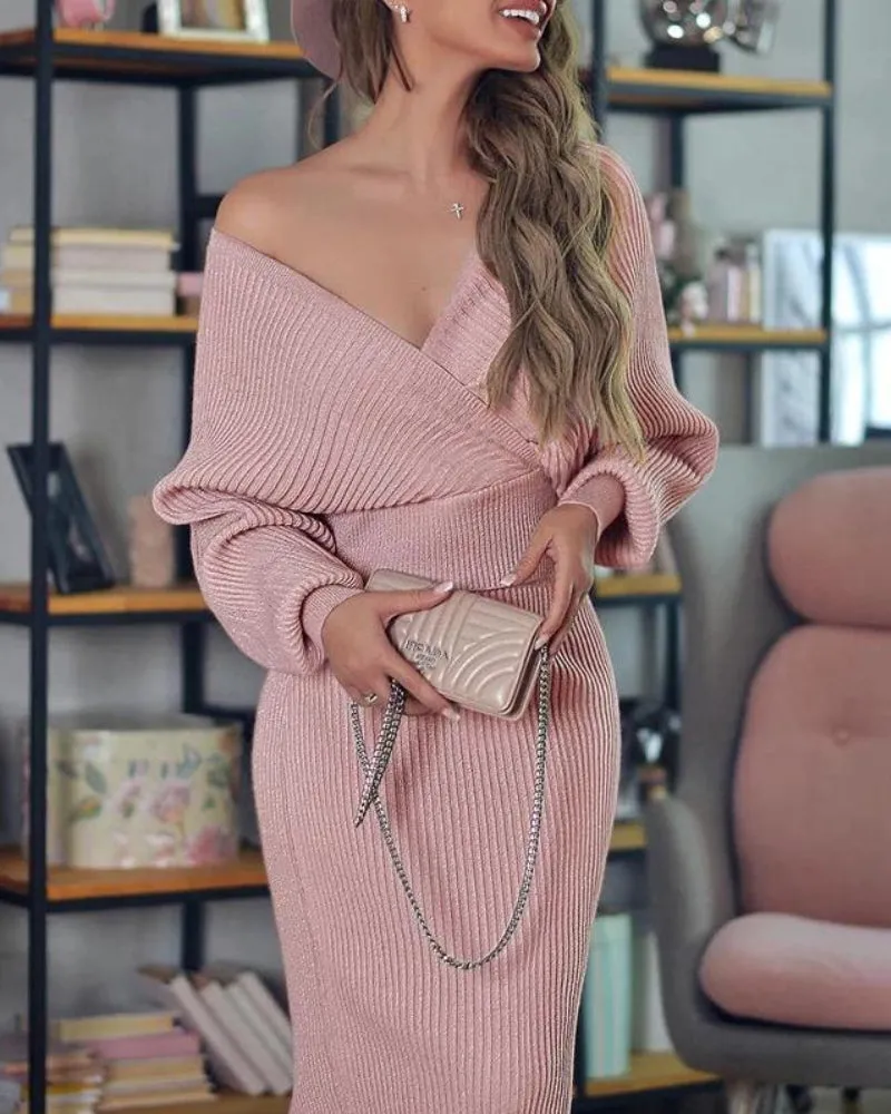 Deep V-neck Elegant Sweater and Bodycon Midi Dresses Two-piece Set