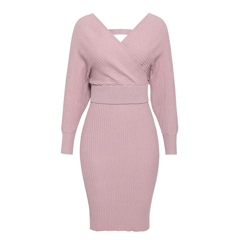 Deep V-neck Elegant Sweater and Bodycon Midi Dresses Two-piece Set