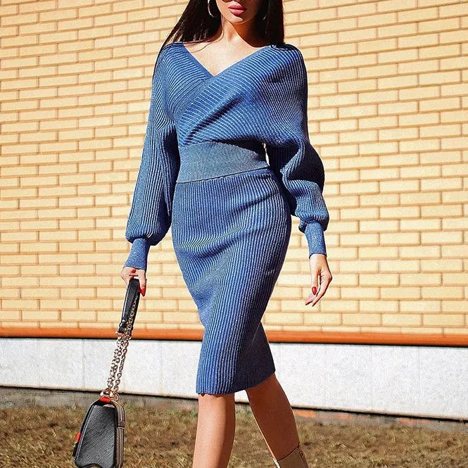 Deep V-neck Elegant Sweater and Bodycon Midi Dresses Two-piece Set