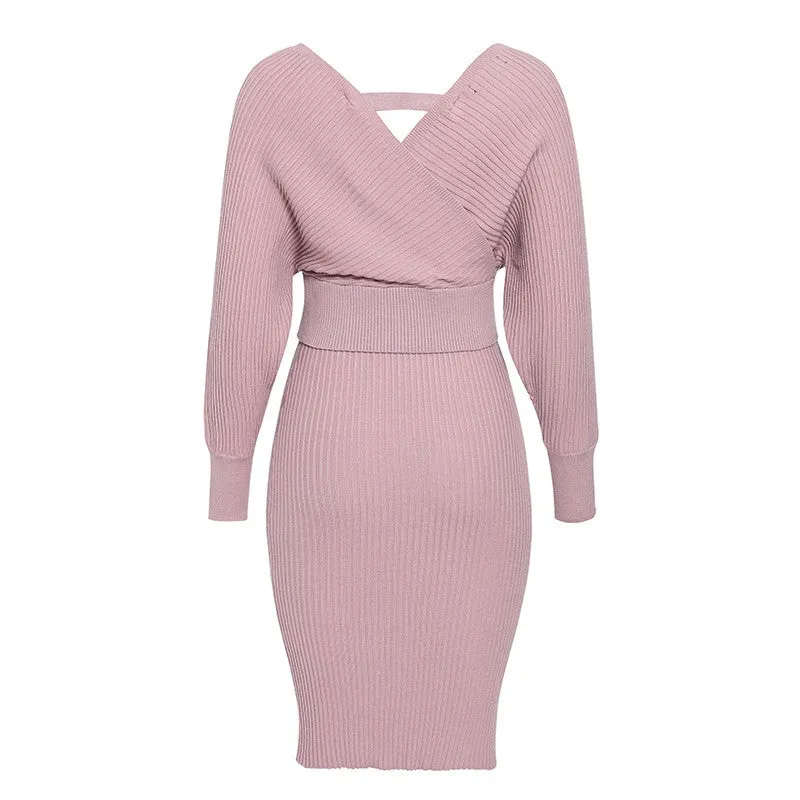 Deep V-neck Elegant Sweater and Bodycon Midi Dresses Two-piece Set