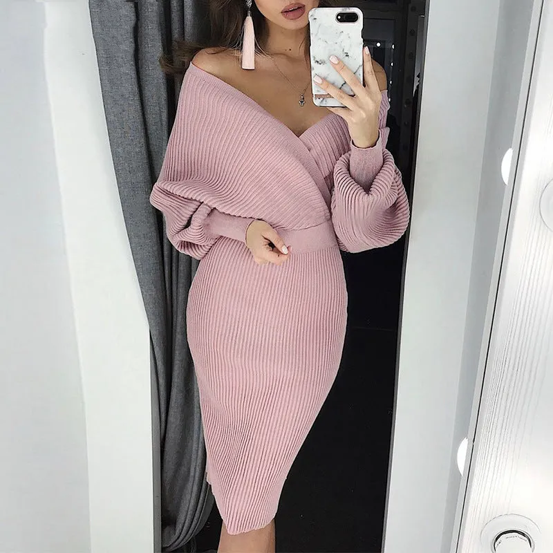 Deep V-neck Elegant Sweater and Bodycon Midi Dresses Two-piece Set