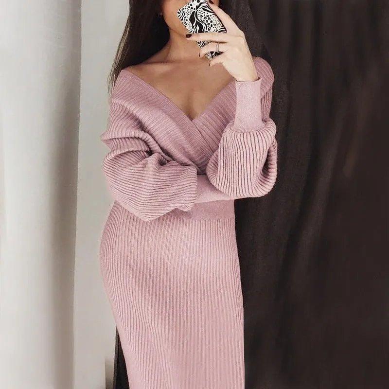 Deep V-neck Elegant Sweater and Bodycon Midi Dresses Two-piece Set