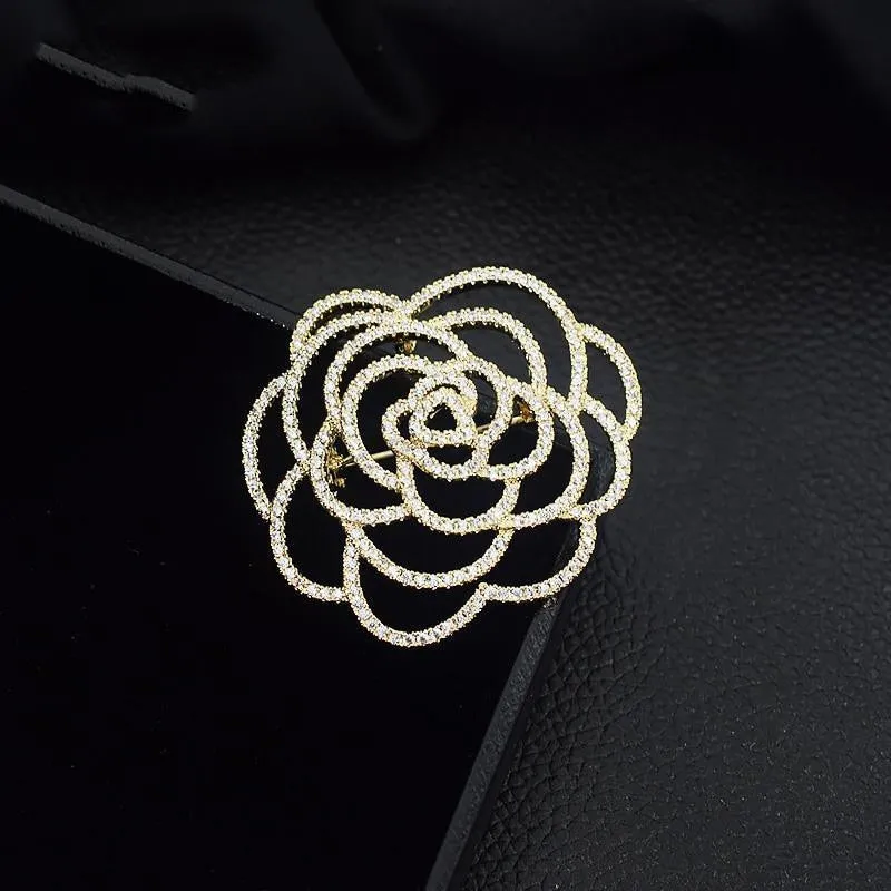 Design Camellia Crystal Zircon Rose Flower Brooch