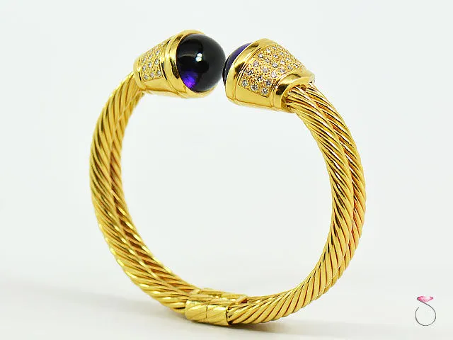 Diamond Amethyst 18K Yellow Gold Bangle Cuff Bracelet