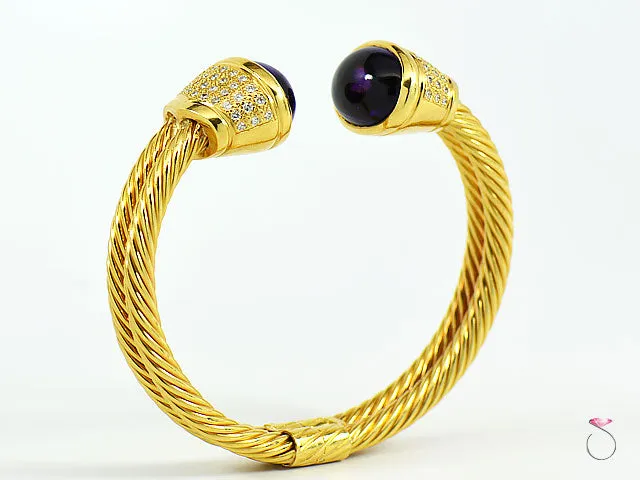 Diamond Amethyst 18K Yellow Gold Bangle Cuff Bracelet