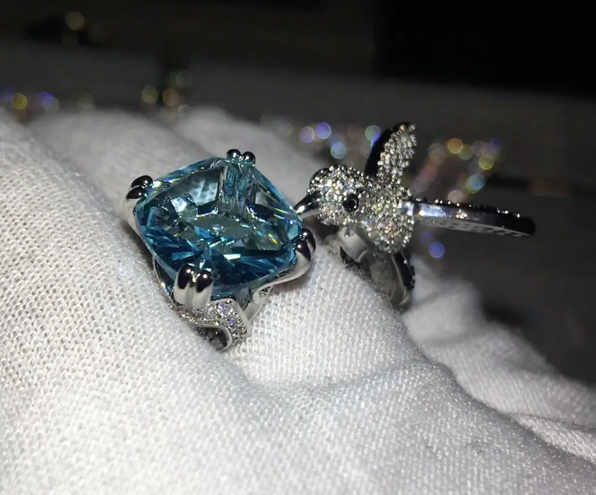 Diamond Bird Ring | Big Diamond Ring | Womens Statement Ring |  Aquamarine Engagement Ring | Blue Diamond Ring | Womens Blue Gemstone Ring
