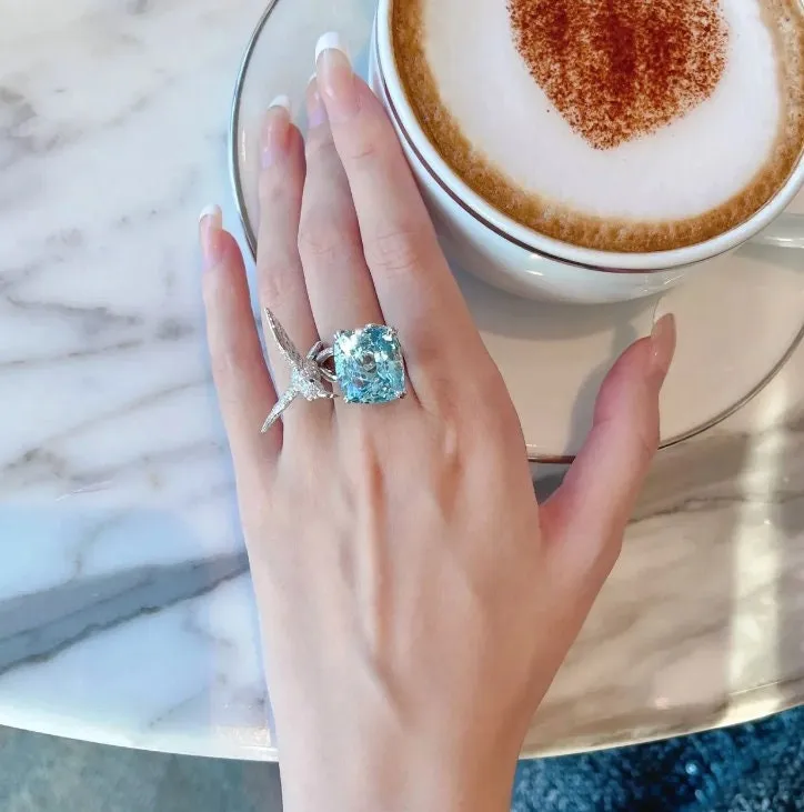 Diamond Bird Ring | Big Diamond Ring | Womens Statement Ring |  Aquamarine Engagement Ring | Blue Diamond Ring | Womens Blue Gemstone Ring