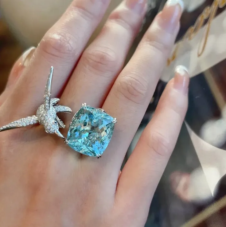 Diamond Bird Ring | Big Diamond Ring | Womens Statement Ring |  Aquamarine Engagement Ring | Blue Diamond Ring | Womens Blue Gemstone Ring