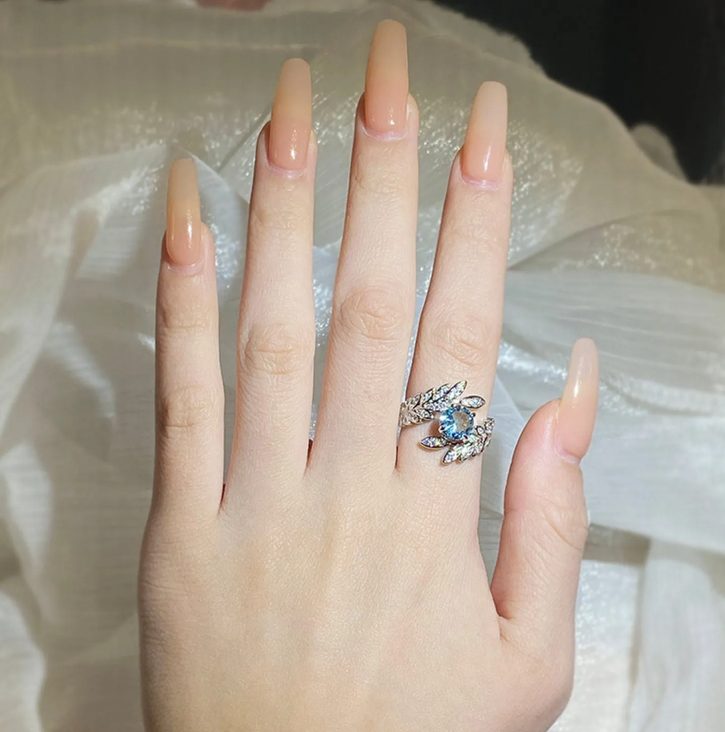 Diamond Flower Ring | Blue Diamond Ring | Womens Statement Ring |  Aquamarine Engagement Ring | Blue Diamond Ring | Womens Feather Ring