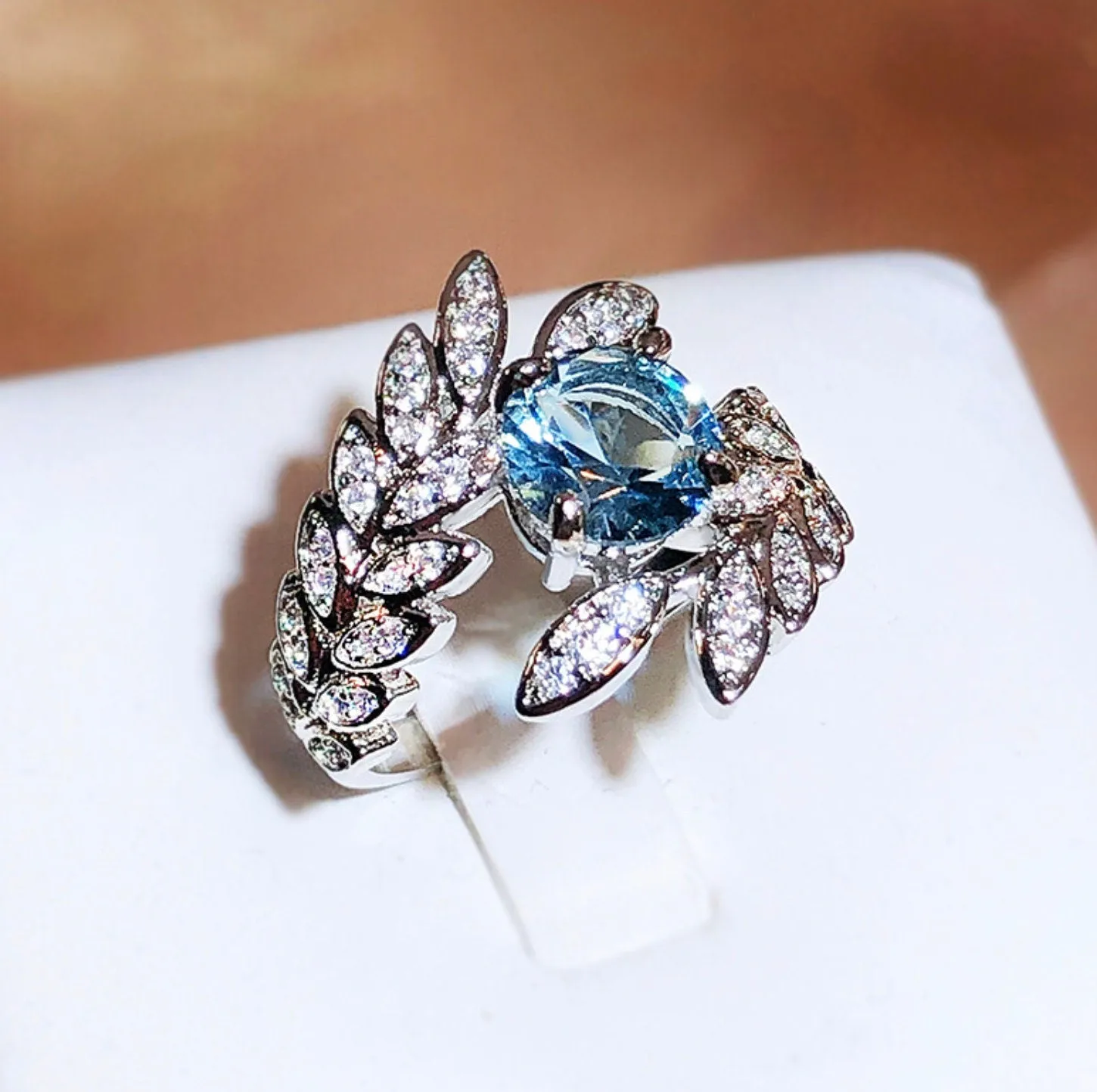 Diamond Flower Ring | Blue Diamond Ring | Womens Statement Ring |  Aquamarine Engagement Ring | Blue Diamond Ring | Womens Feather Ring