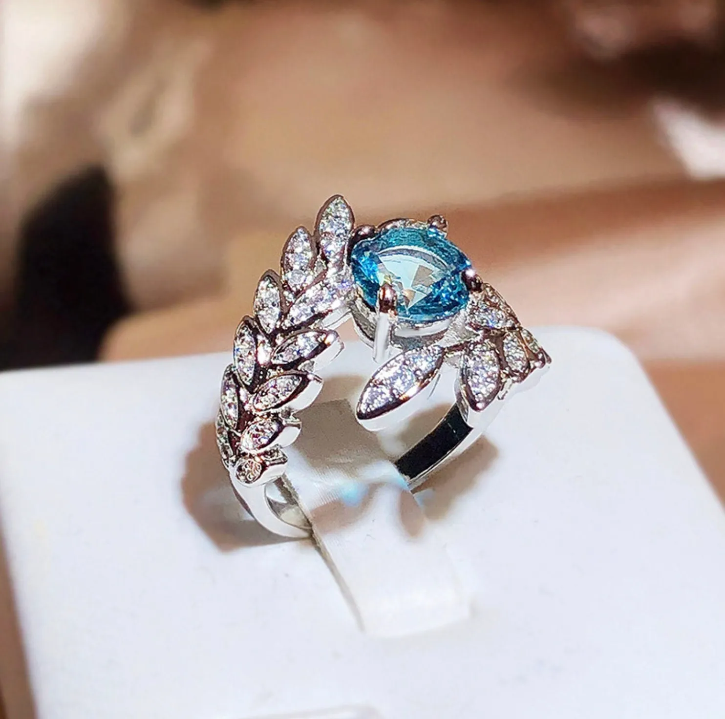 Diamond Flower Ring | Blue Diamond Ring | Womens Statement Ring |  Aquamarine Engagement Ring | Blue Diamond Ring | Womens Feather Ring