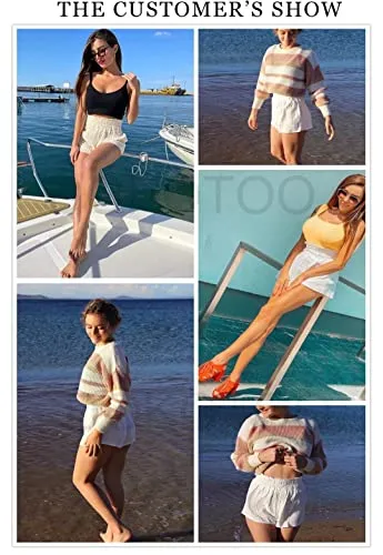 Dokotoo Womens Ladies Fashion Solid Soft Shorts for Women for Summer High Waisted Smocked Elastic Waist Comfy Summer Beach Bohemian Running Shorts Pants Orange Small