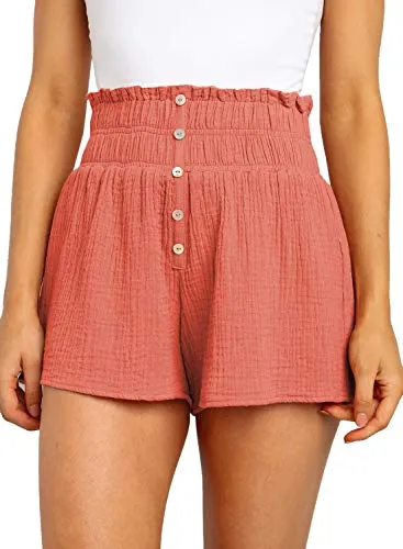 Dokotoo Womens Ladies Fashion Solid Soft Shorts for Women for Summer High Waisted Smocked Elastic Waist Comfy Summer Beach Bohemian Running Shorts Pants Orange Small
