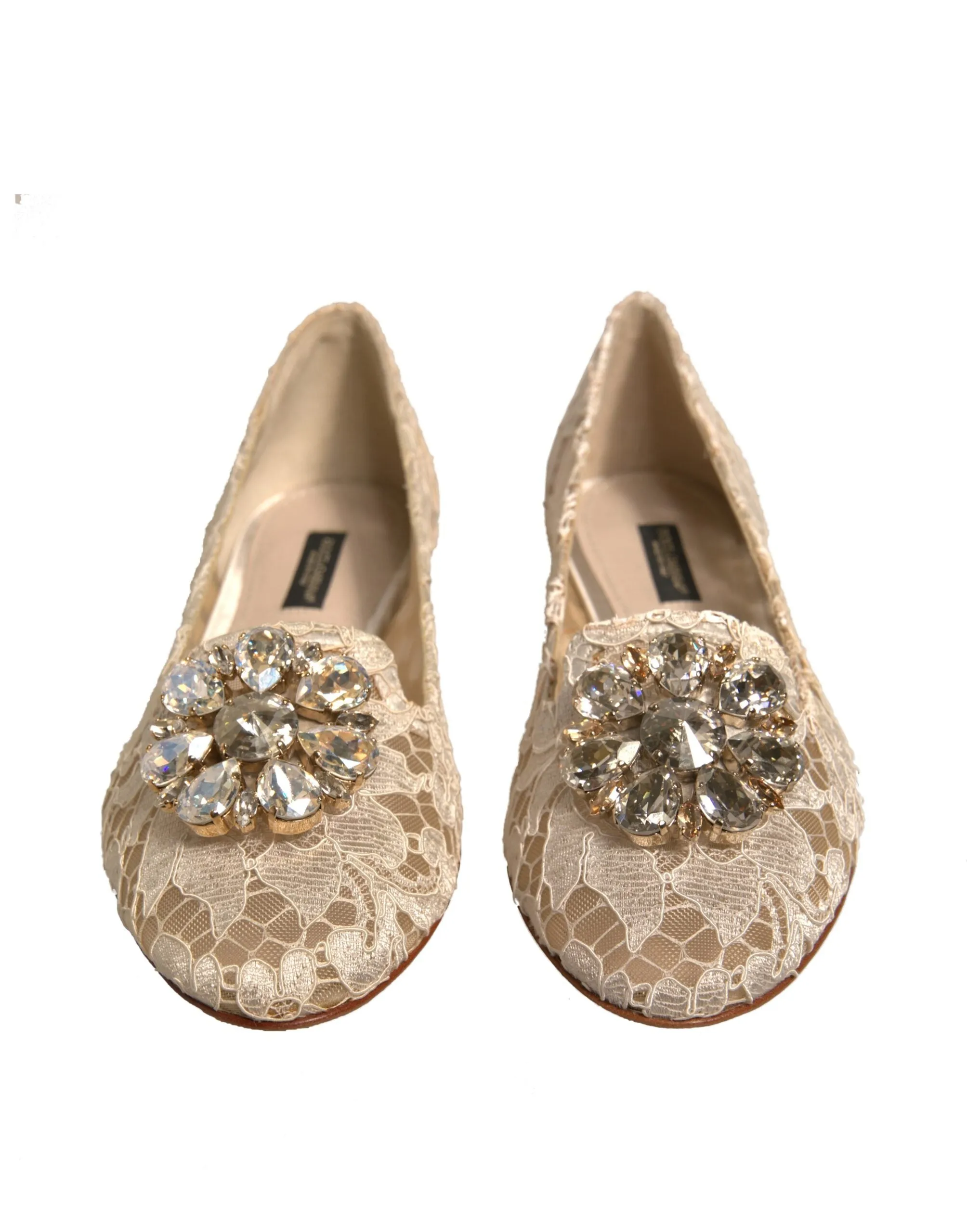 Dolce&Gabbana Women Beige Ballet Flats Nylon Crystals Floral Moccasins Sz EUR 37