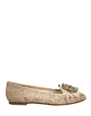 Dolce&Gabbana Women Beige Ballet Flats Nylon Crystals Floral Moccasins Sz EUR 37