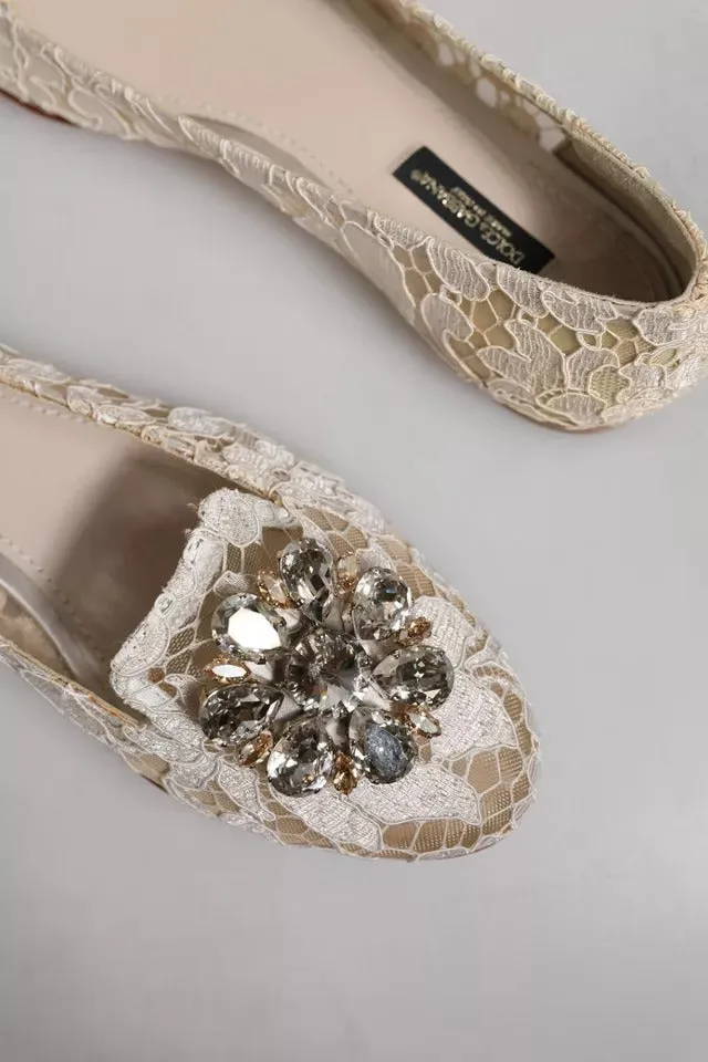 Dolce&Gabbana Women Beige Ballet Flats Nylon Crystals Floral Moccasins Sz EUR 37