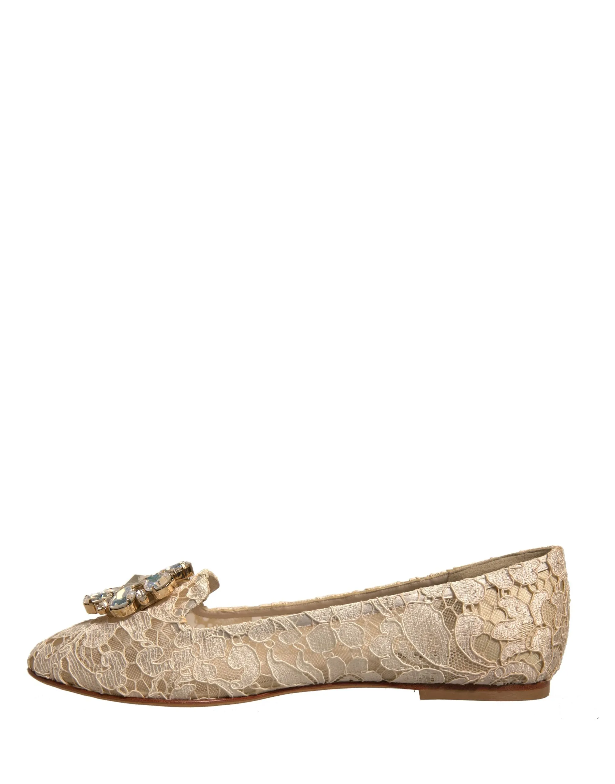 Dolce&Gabbana Women Beige Ballet Flats Nylon Crystals Floral Moccasins Sz EUR 37