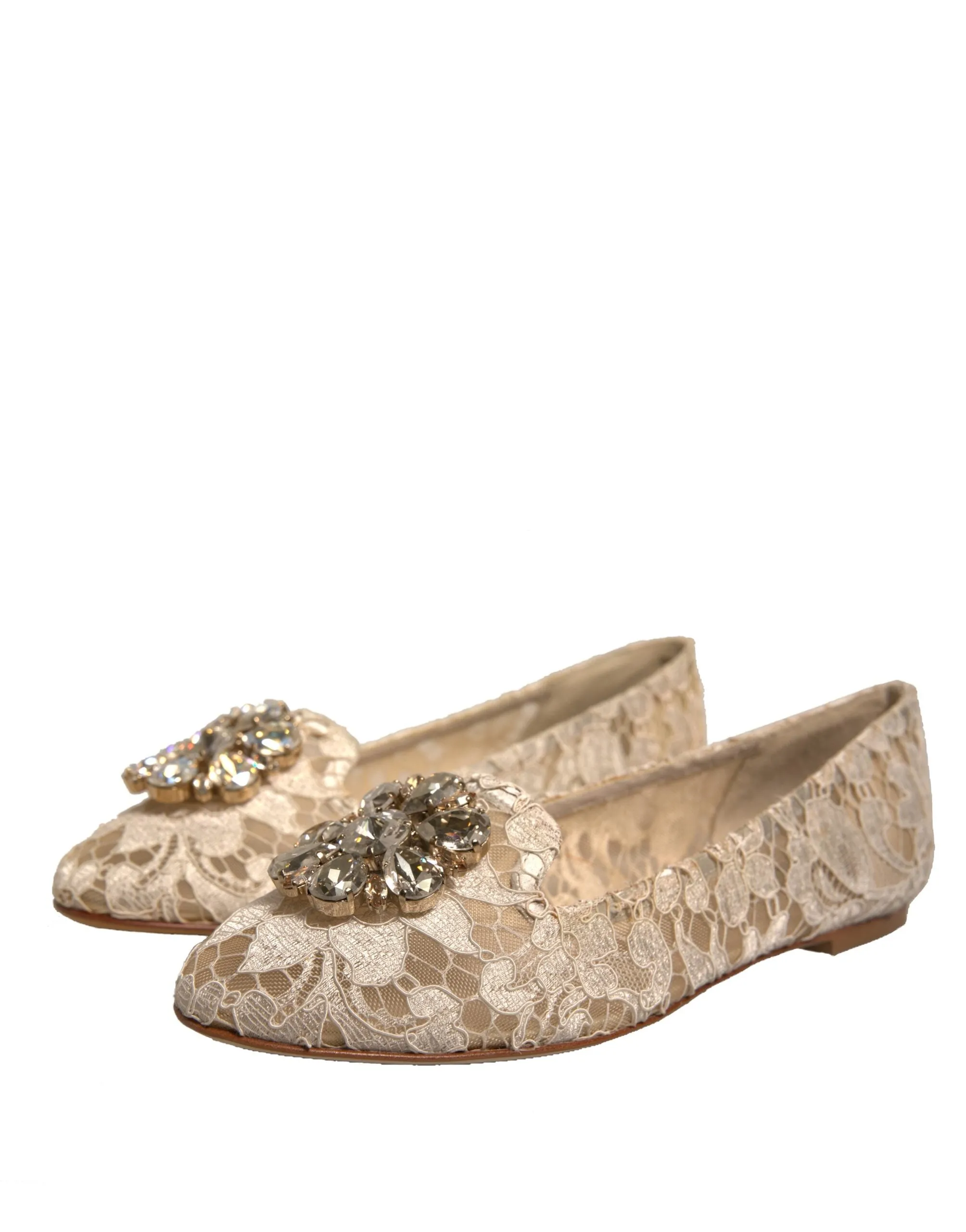 Dolce&Gabbana Women Beige Ballet Flats Nylon Crystals Floral Moccasins Sz EUR 37