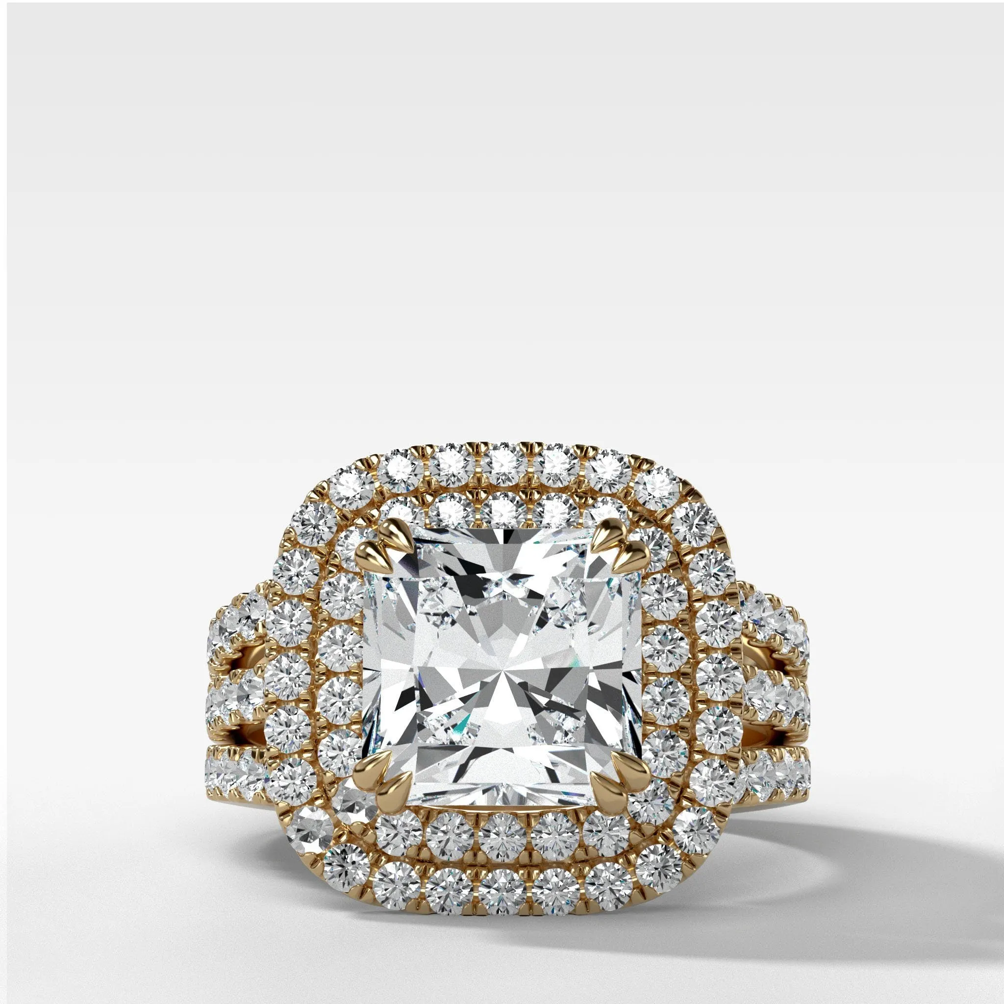 Double Halo Triple Shank Engagement Ring With Radiant Cut Diamond