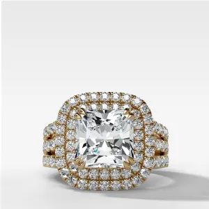 Double Halo Triple Shank Engagement Ring With Radiant Cut Diamond