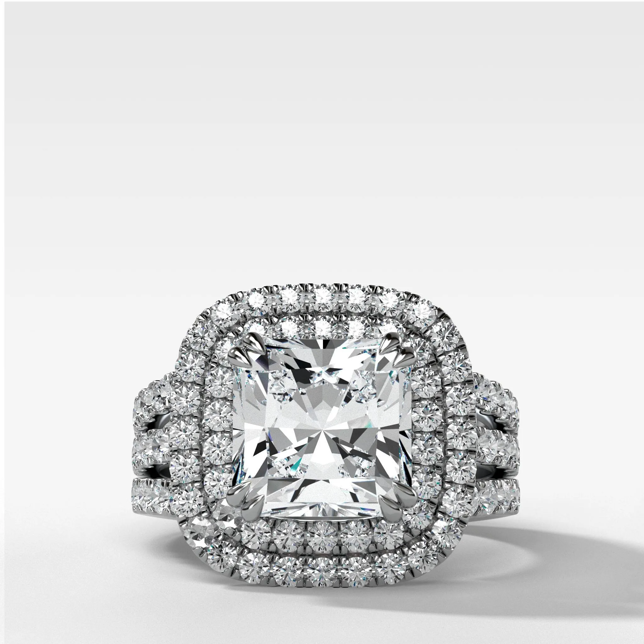 Double Halo Triple Shank Engagement Ring With Radiant Cut Diamond
