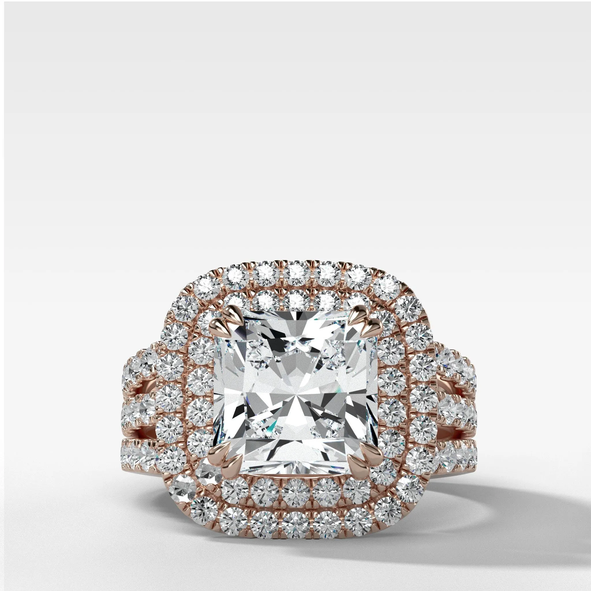 Double Halo Triple Shank Engagement Ring With Radiant Cut Diamond