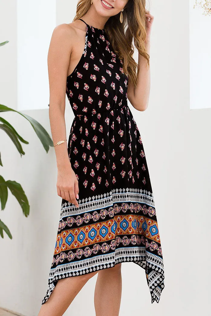 Drawstring Wrapped Chest Halter Waist Print Strap Dress