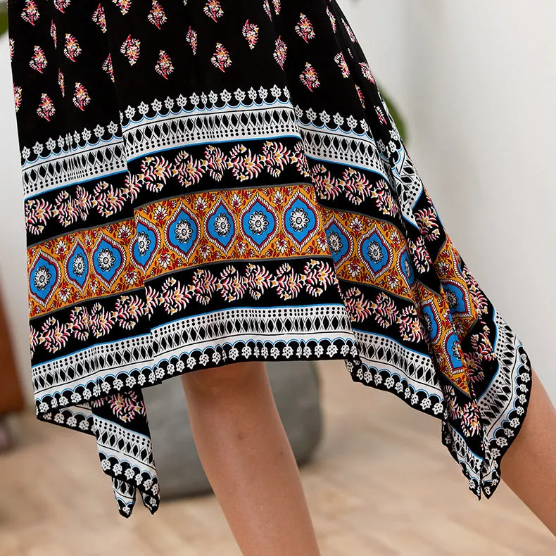 Drawstring Wrapped Chest Halter Waist Print Strap Dress