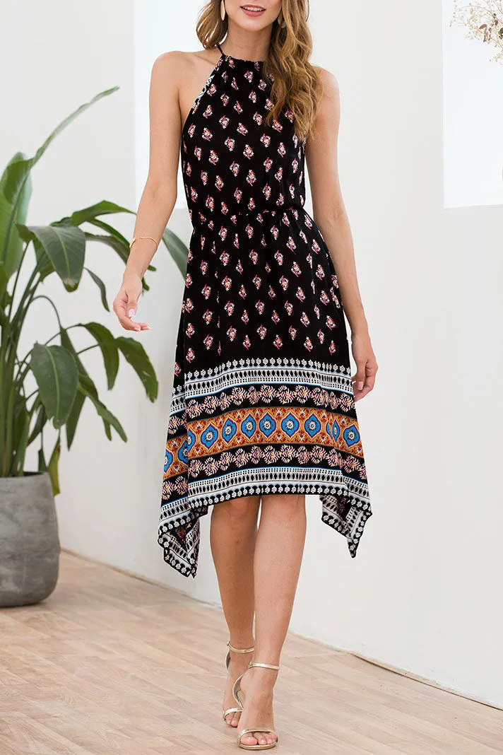 Drawstring Wrapped Chest Halter Waist Print Strap Dress