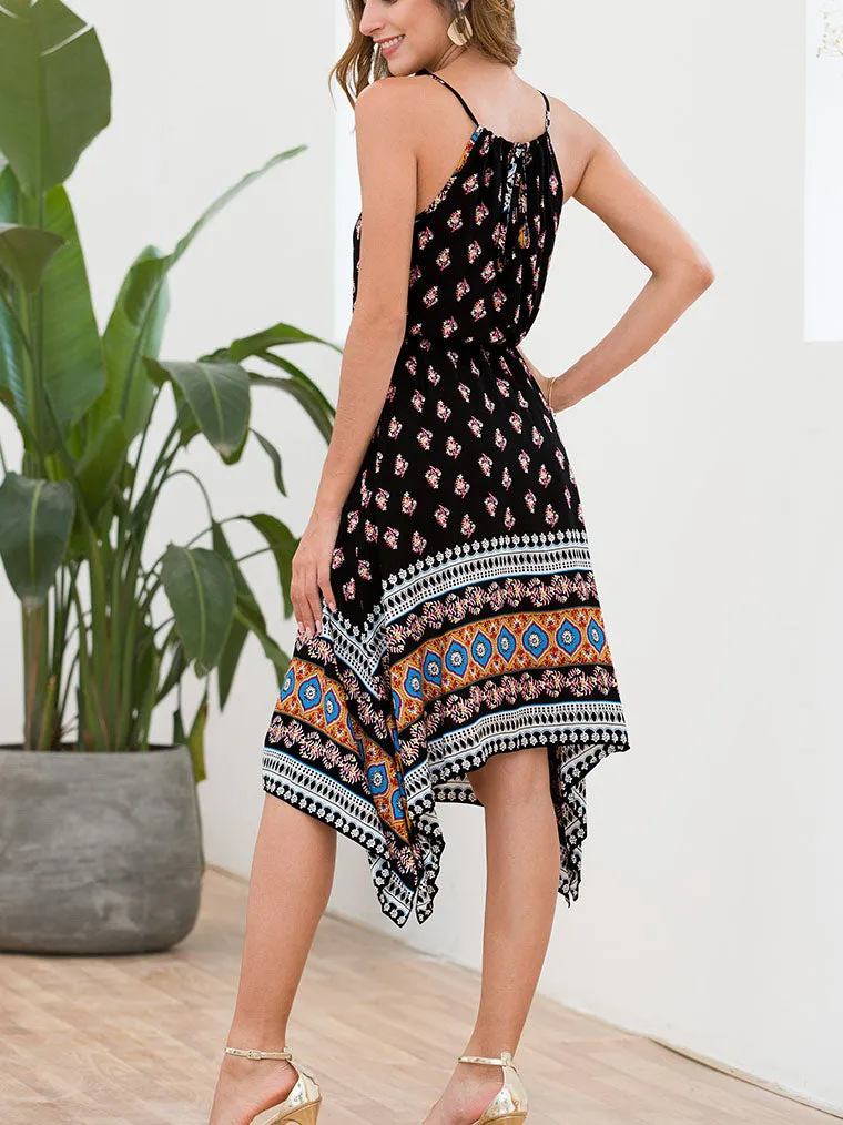 Drawstring Wrapped Chest Halter Waist Print Strap Dress