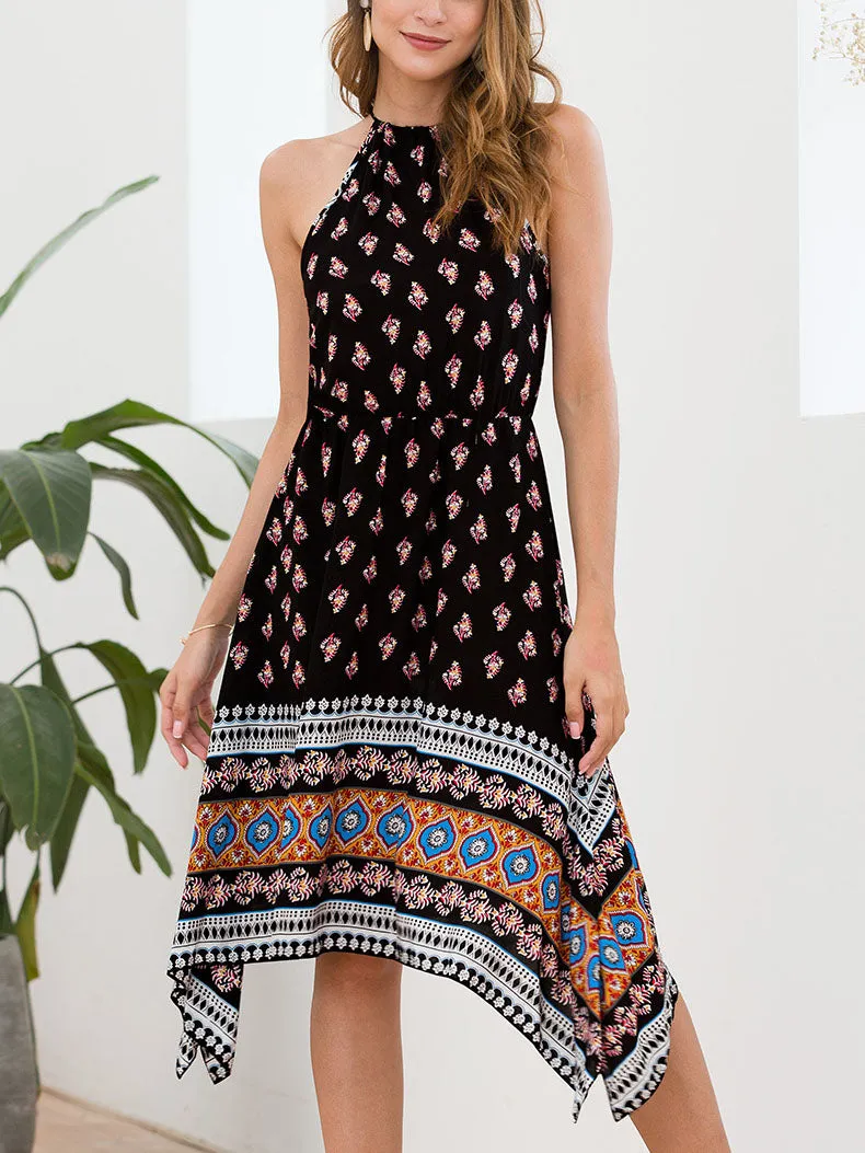 Drawstring Wrapped Chest Halter Waist Print Strap Dress