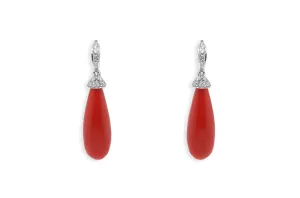 Earrings 14kt White Gold Coral Tear & Diamonds