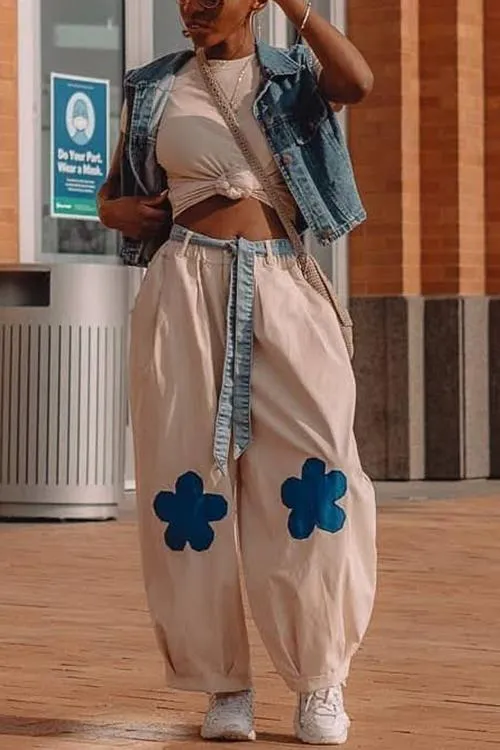 Elastic Flower Balloon Leg Pants