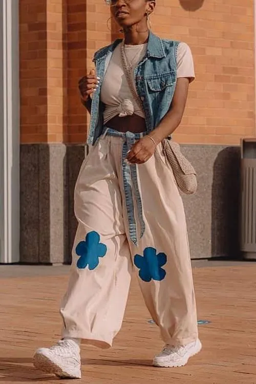 Elastic Flower Balloon Leg Pants