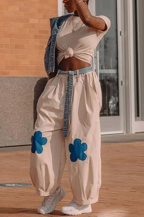 Elastic Flower Balloon Leg Pants