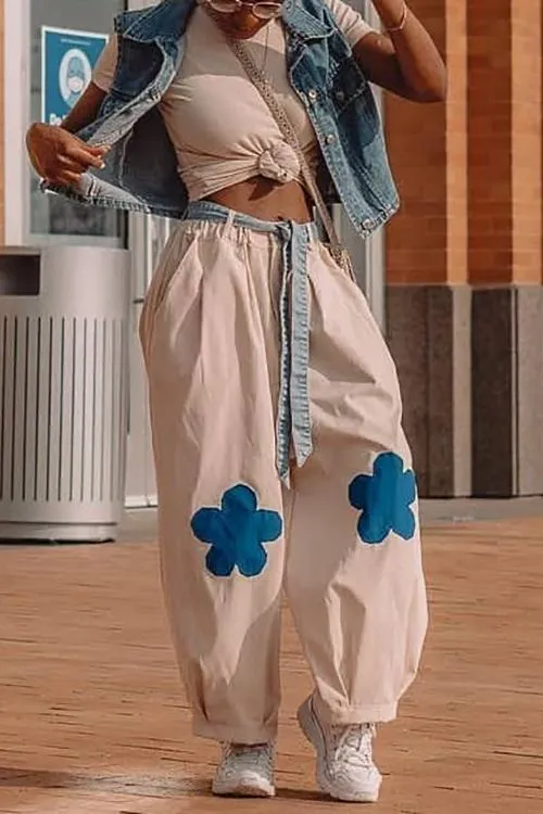 Elastic Flower Balloon Leg Pants