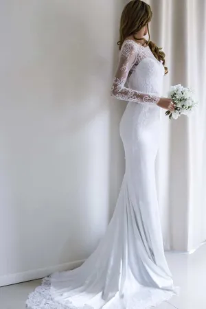 Elegant Bateau Lace Long Sleeve Sheath Wedding Dress With Sweep Train-715176