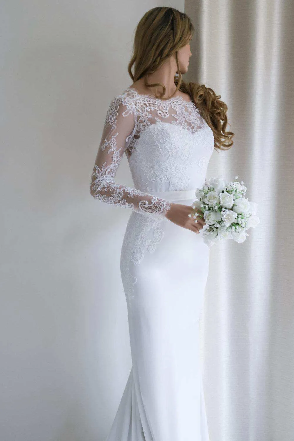 Elegant Bateau Lace Long Sleeve Sheath Wedding Dress With Sweep Train-715176