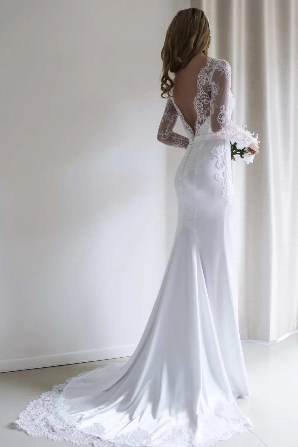 Elegant Bateau Lace Long Sleeve Sheath Wedding Dress With Sweep Train-715176