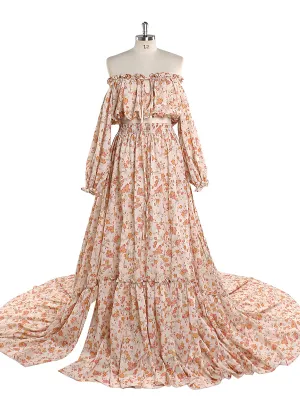 Elegant Cotton Floral Print Woman Maxi Dress Boho Beach 2 Pieces Gown Fancy Photography Props YD211229