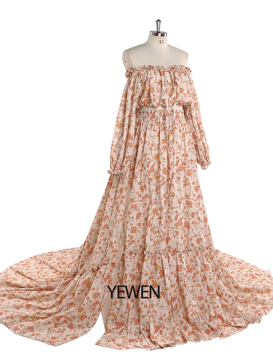 Elegant Cotton Floral Print Woman Maxi Dress Boho Beach 2 Pieces Gown Fancy Photography Props YD211229