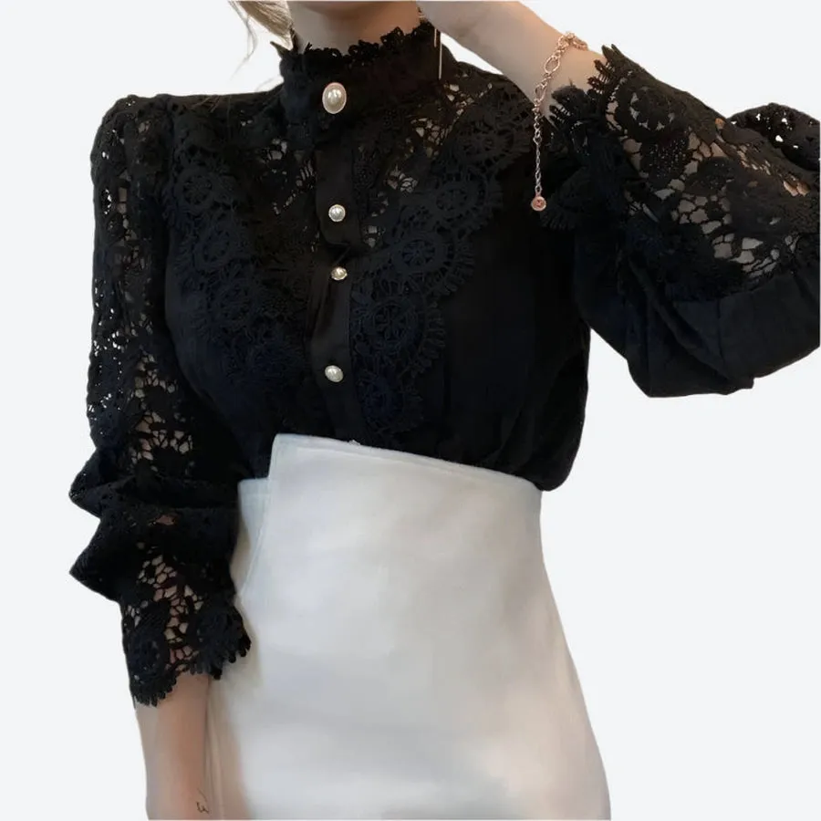 Elegant Lace Pearl Button Blouses