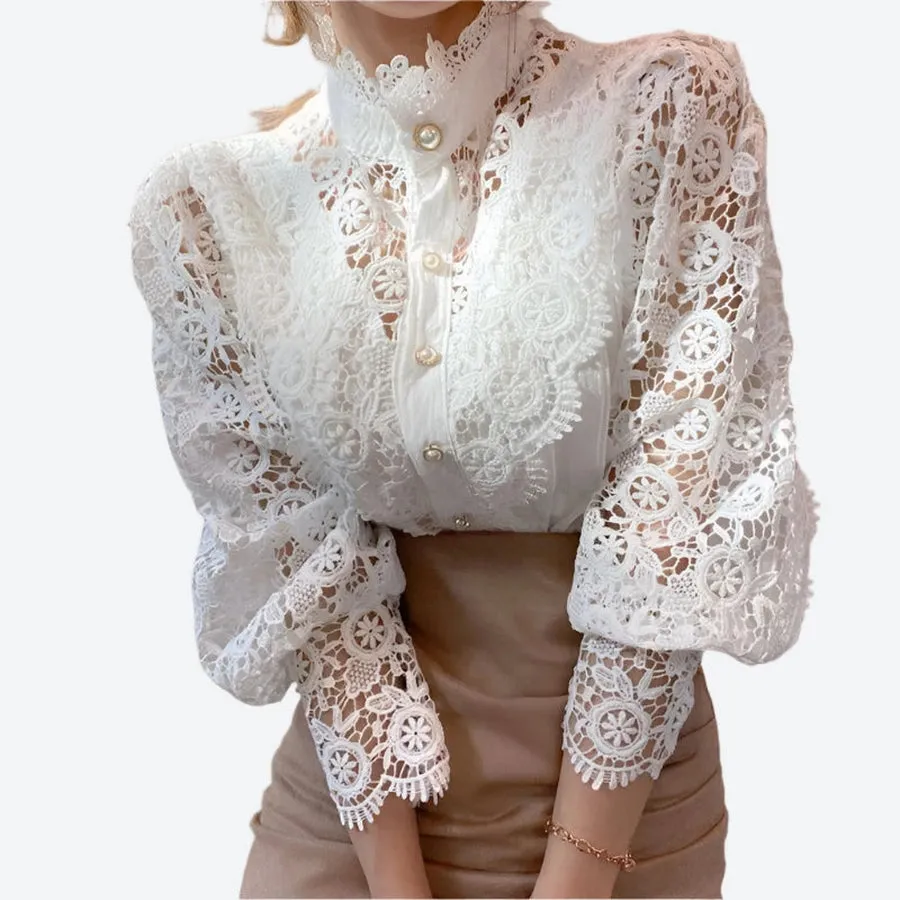 Elegant Lace Pearl Button Blouses