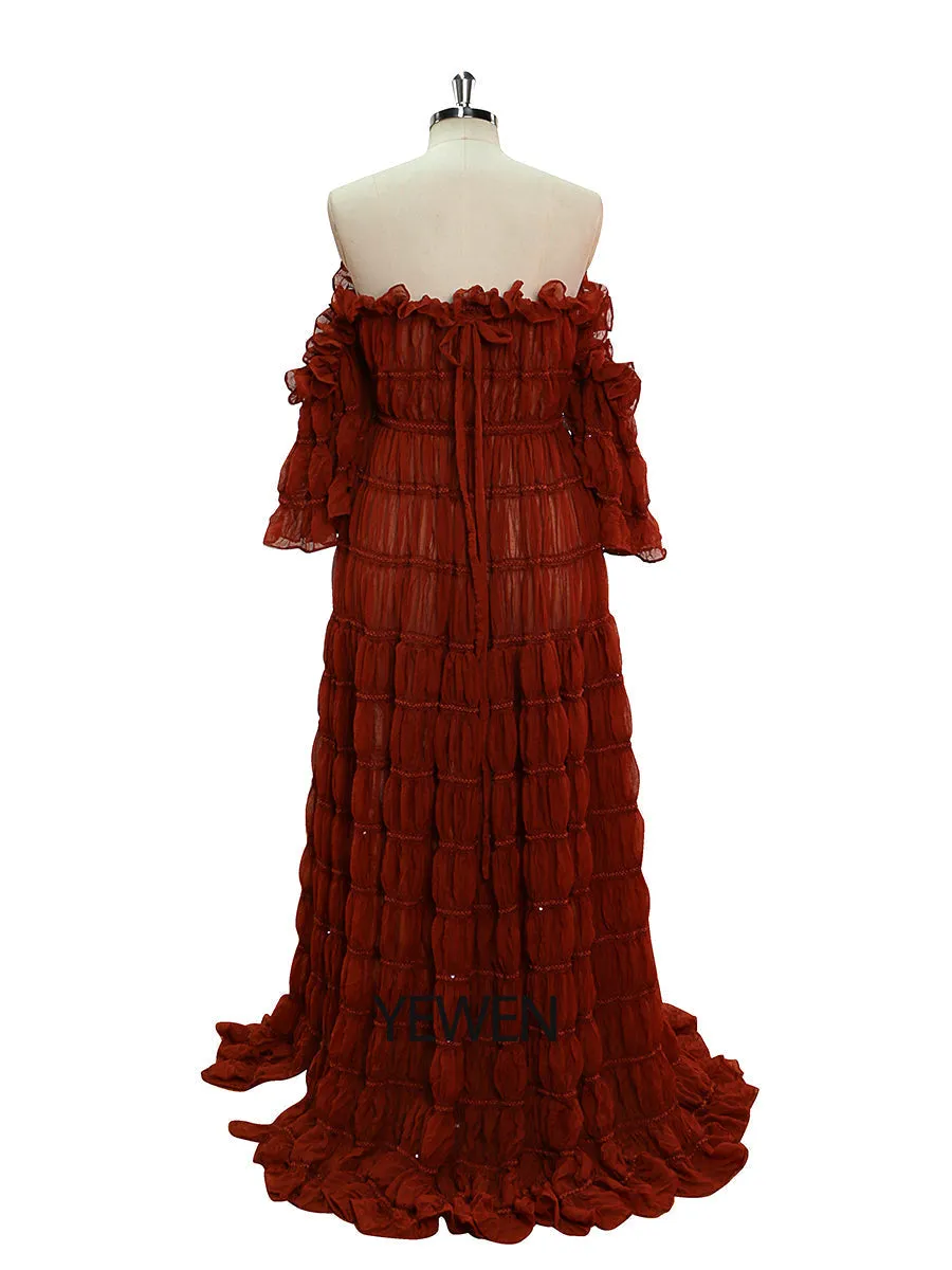Elegant Off The Shoulder Boho Summer Beach Dress Woman Photo Shoot Gowns Side Slit  YEWEN YW220511