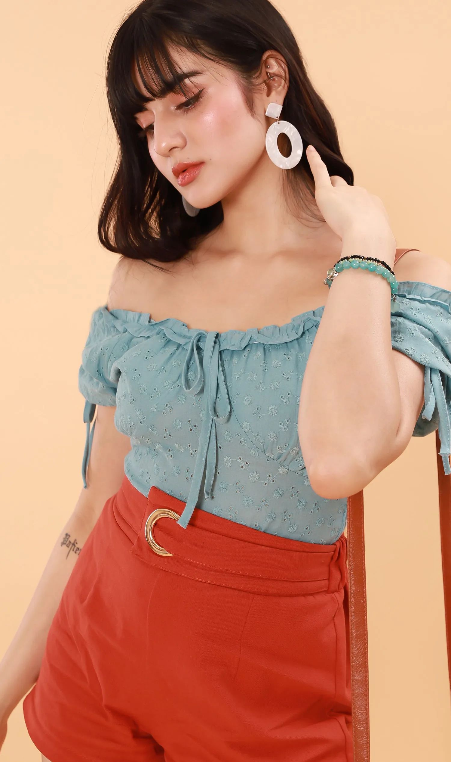 ELOISE Puff-Sleeve Eyelet Top (Ocean Blue)