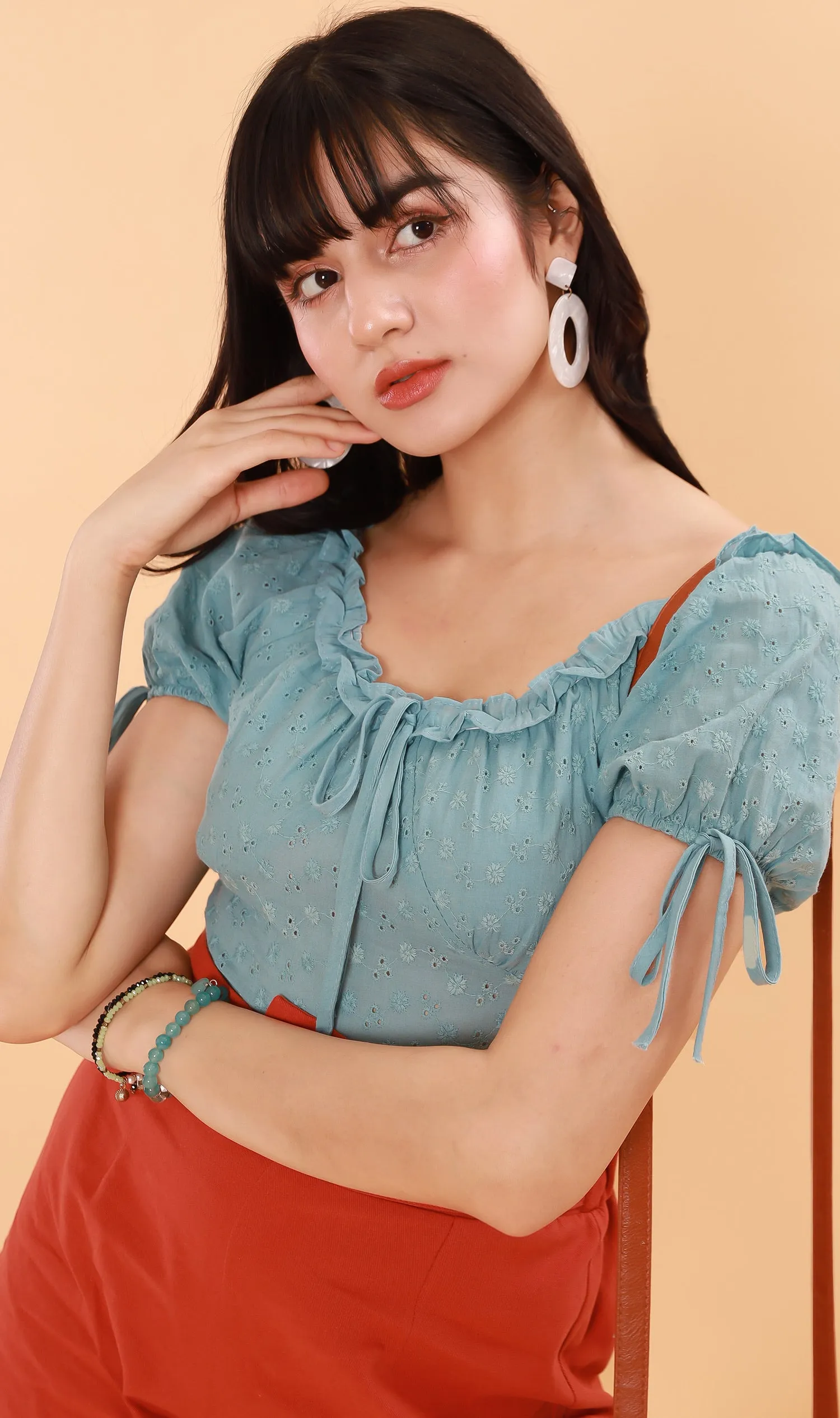 ELOISE Puff-Sleeve Eyelet Top (Ocean Blue)