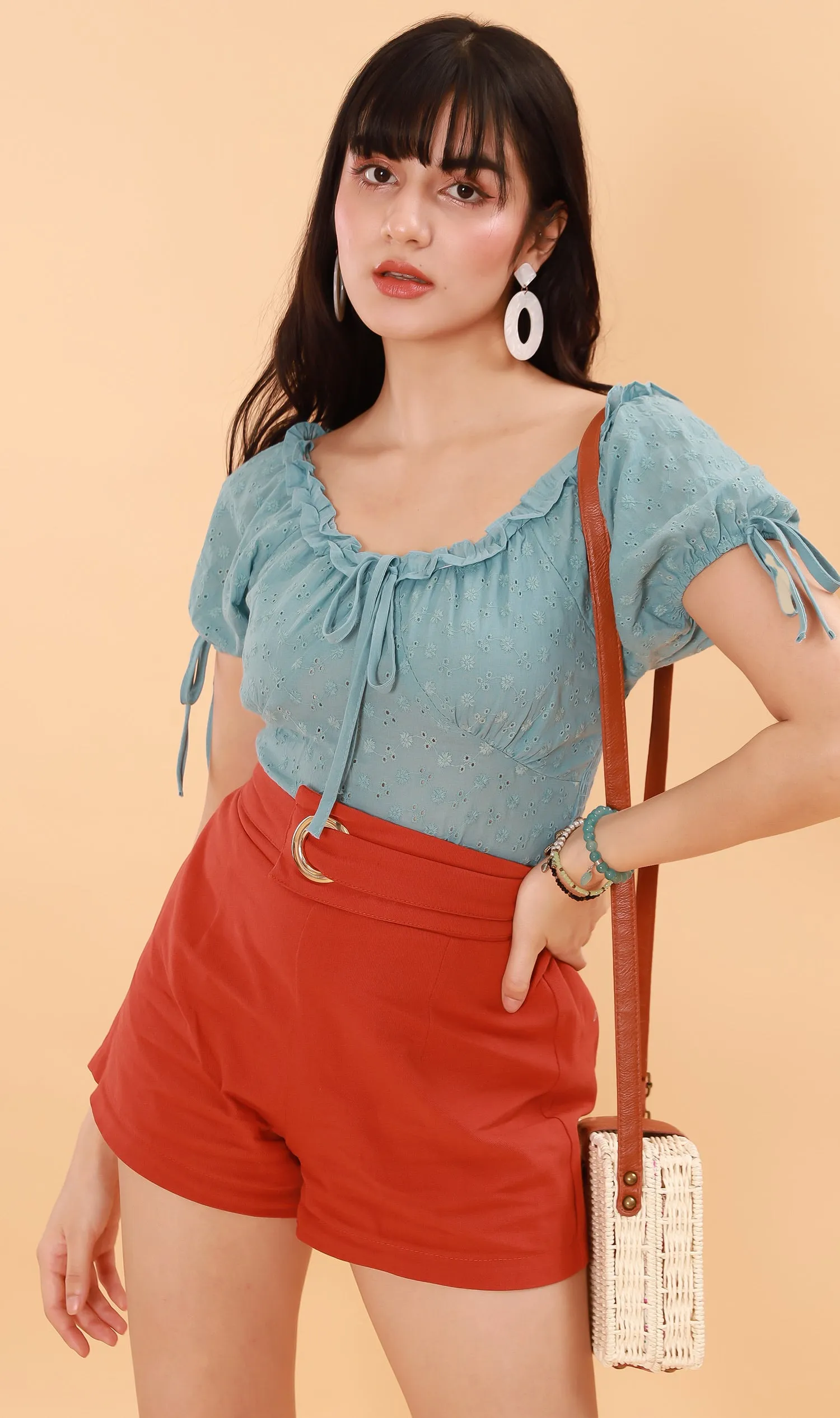 ELOISE Puff-Sleeve Eyelet Top (Ocean Blue)